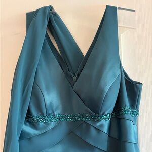 Alex Evenings Teal V-Neck Prom Dress with Beaded Waistband
